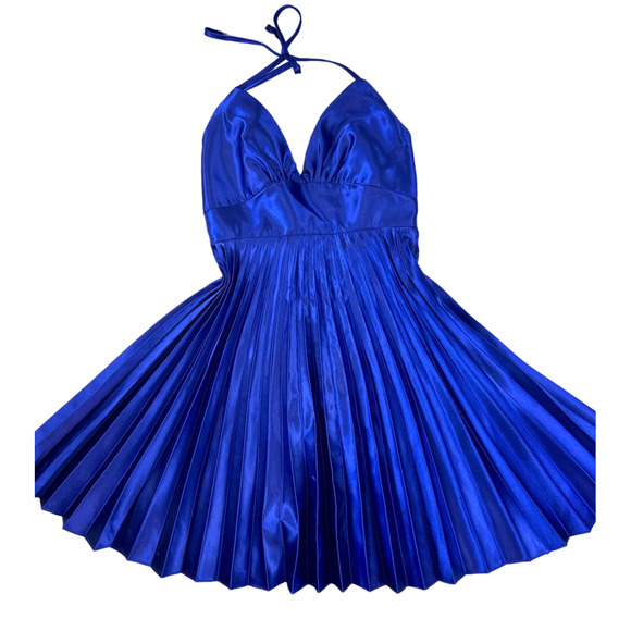 Gunne Sax Dresses & Skirts - Gunne Sax Vintage 1990s  Royal Blue Satin Pleated Halter Dress. Sz. 9